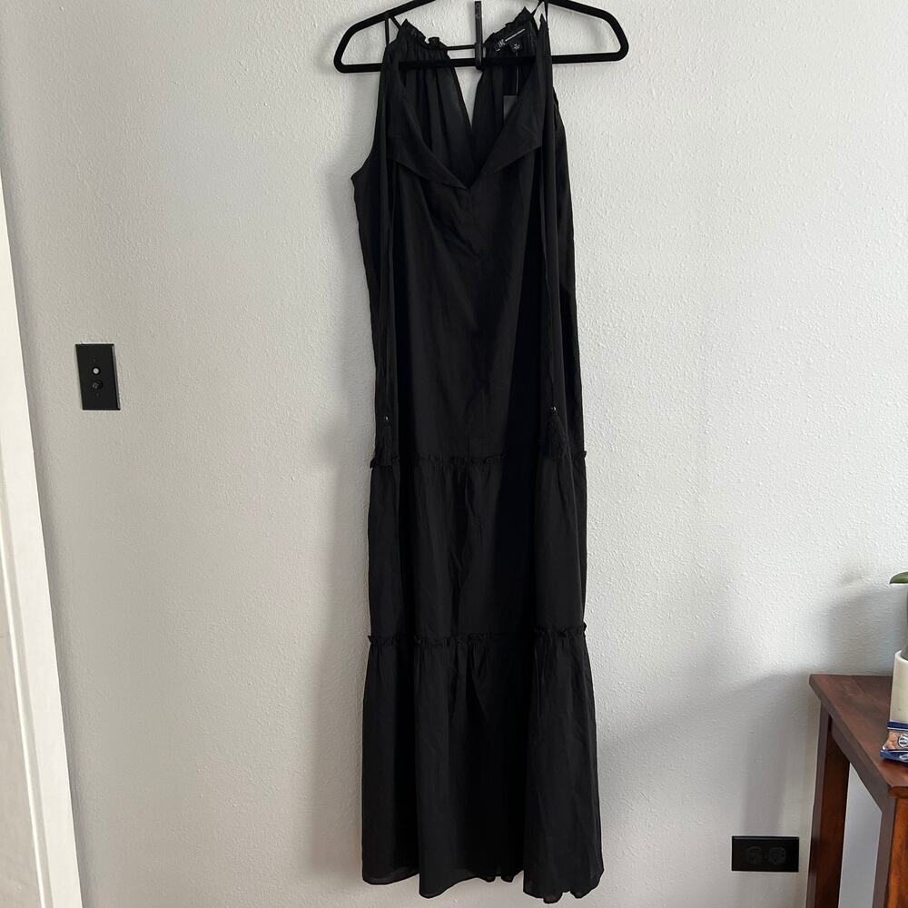 New International Concept Black Dress Halter Neck Tassel Tiered Sleeveless Sz M